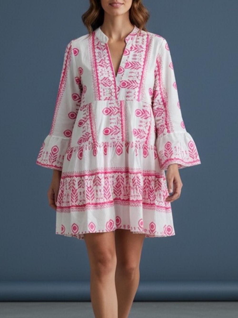 Women’s White Mini Dress with Pink Embroidered Print